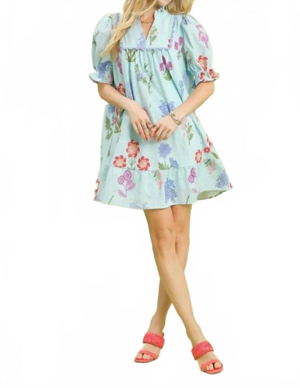 NEW UMGEE multi flower print v-neck dress in seafoam